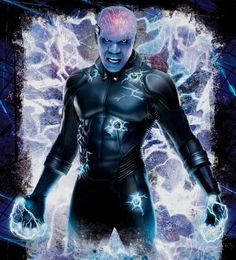 an image of a man with pink hair and blue eyes standing in front of lightning