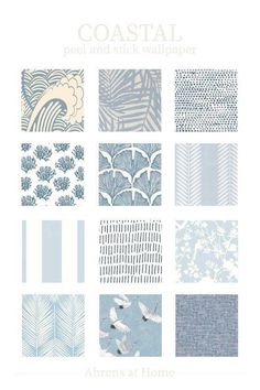 the cover of coastal wallpapers and stickers in shades of blue, white and grey