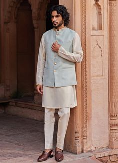 Aqua Blue Embroidered Nehru Jacket Set Contrast By Parth - Fabilicious Fashion Luxury Raw Silk Nehru Jacket For Reception, Designer Luxury Nehru Jacket With Buttons, Luxury Nehru Jacket With Motifs For Festive Occasions, Luxury Nehru Jacket For Traditional Ceremonies, Luxury Designer Nehru Jacket For Winter, Luxury Nehru Jacket For Festive Occasions, Luxury Art Silk Nehru Jacket For Transitional Season, Luxury Nehru Jacket With Mandarin Collar For Festive Season, Luxury Nehru Jacket With Suit Collar For Formal Occasions