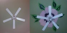 two ceiling fans with white blades and pink flower on the wall next to each other