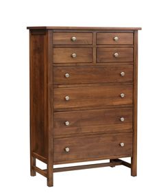 a wooden dresser with five drawers on one side and two doors on the other end