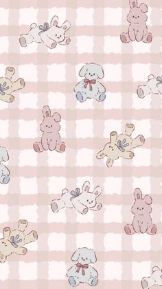 a pink and white checkered background with teddy bears