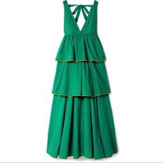 Green Tiered Dress Made From Fil Coupe Cotton, With Gold Piping Outs Lining Each Tier. Green Tie In Back, Side Zipper Closure With Hook And Eye. Partially Lined, Good Used Condition - No Stains, Rips, Tears. Retail $485 Gold Egg, Jackie Dress, Gauze Maxi Dress, Empire Silhouette, Long Dresses Casual Maxi, Velvet Slip Dress, Bow Style, Cotton Maxi Dress, Fantasy Closet