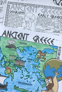 an ancient greek map is shown on top of some other paper with information about the world