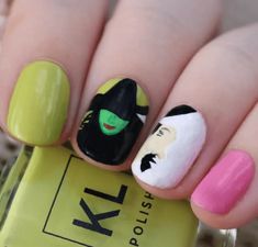 35 Wicked Nails Designs Inpsired by the Musical Glenda And Elphaba Nails, Wicked Elphaba Nails, Musical Theatre Nails, Wicked Musical Nail Designs, Wicked Manicure, Glinda Inspired Nails, Wicked Nails Designs, Wicked Nail Art, Wicked Movie Nails