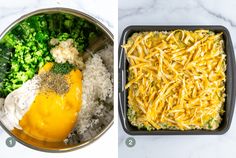 two images showing the steps in how to make broccoli casserole with cheese