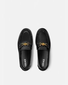 Medusa '95 Loafers Black,Gold | VERSACE US Classic Formal Loafers With Branded Heel Counter, Loafers Style, Matches Fashion, Slipper Shoes, Gianni Versace, Black Box, Leather Items, Product Label, Goods And Services