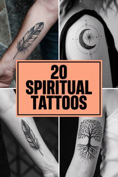 20 spiritual tattoo designs, including feathers, moon and stars, and a tree of life. Laws Of The Universe Tattoo, Eckhart Tolle Tattoo, Discernment Tattoo, Law Of Attraction Tattoo Ideas, Inner Self Tattoo, Witchcraft Tattoos Spiritual, Steal Your Face Tattoo, Spiritual Art Tattoo, Soul Ties Tattoo