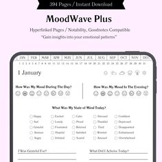 MoodWave Plus Daily Mood, Mood Tracker, Self Care Activities, I Am Grateful, Self Awareness, Emotional Health, Journal Planner, Digital Planner, Self Improvement