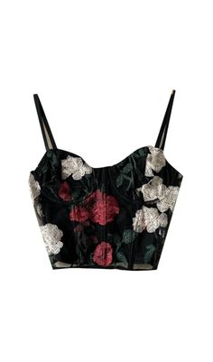 EMBROIDERED FLOWERS CORSET TOP IN BLACK Spring Lace Top With Corset Back, Spring Lace Camisole Corset, Spring Lace Corset, Lace Top With Corset Back For Spring, Spring Lace Tops With Boned Bodice, Black Lace Corset With Spaghetti Straps, Spring Top With Adjustable Straps And Underbust Shape, Spring Underbust Top With Adjustable Straps, Black Boned Bodice Corset For Spring