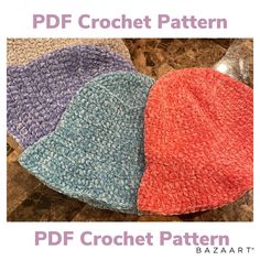 three crochet hats on top of each other with the text, pdf crochet pattern