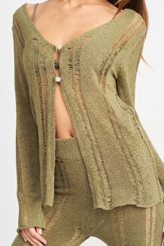 This Ladder Sheer Cardigan is a perfect addition to any wardrobe. Made from lightweight materials, it is designed to provide comfort and a flattering fit. Crafted with a true-to-size fit. Model is 5'9 and wearing a size small. Long Sleeve Open Knit Cardigan For Loungewear, Open Knit Open Front Top For Fall, Fall Open Front Open Knit Tops, Green Open Knit Outerwear For Layering, Spring Button-up Stretch Cardigan, Spring Open Front Knit Tops, Open Front Knit Top For Spring, Spring Button-up Cardigan For Loungewear, Button-up Cardigan For Spring Loungewear