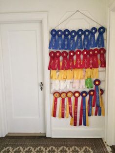 several ribbons are hanging on the wall next to a door