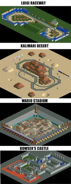 four different views of the same area in an old video game, each with different locations and