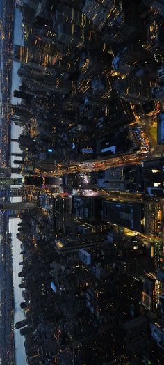 an aerial view of the city at night