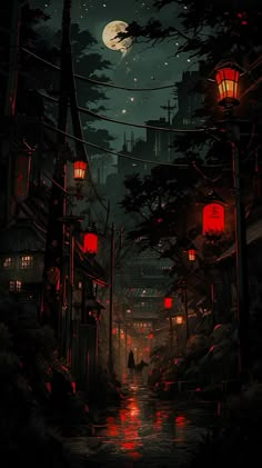 a person walking down a dark alley at night with lanterns on the street and buildings in the background