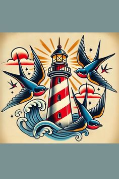 a lighthouse with birds flying around it