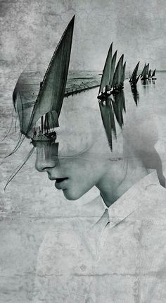 a woman's head with sailboats floating in the water behind her, as if it were an art work