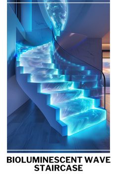 an advertisement for bioumiescent wave staircases in blue and white with the words bioumiecent wave staircase