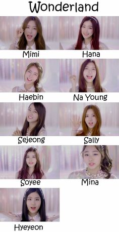 girls'generation members with their names in the same language, including one that says wonderland