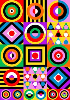 an abstract painting with many different colors and shapes on it, including circles, squares, and rectangles