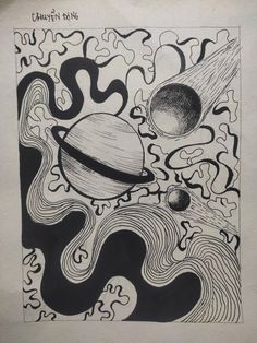 an ink drawing of saturn and its moon