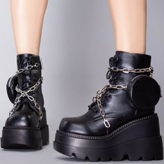 Let Them Know You Have No Fear With The Dare Me Platform Boots From Cape Robbin. These Totally Intense Festival Boots Feature An All-Black Vegan Leather Outer With Lace-Up Front, Silver-Tone Chain Details, Round Zipper Ankle Pouch, And Interior Zipper Closure. #Truthordare * 4 1/2" Platform * Ankle Boot * Lace-Up Front & Interior Zipper Closure * Silver Tone Chain Detail * Round Zipper Pouch * Chunky Tread Bottom * Black Round Zipper Pouch, Pink Platform Boots, Khaki Boots, Chunky Combat Boots, Studded Combat Boots, Festival Boots, The Dare, Sequin Boots, Platform Boots Chunky