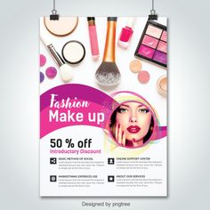 a poster with makeup and cosmetics items on the front, along with an advertise that reads fashion make up 50 % off