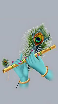 a hand holding a flute with a peacock feather on it