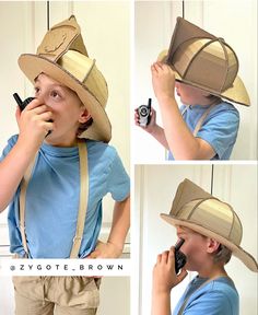 a young boy wearing a cowboy hat and talking on a cell phone while holding a camera