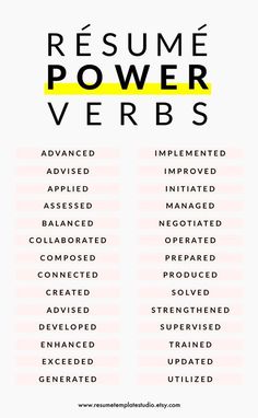 the words resume power verbbs are shown in black and yellow on a white background