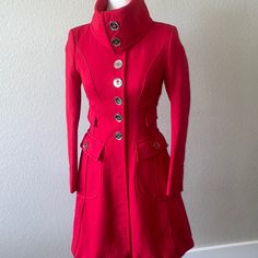 Worn 3 Times True To Size No Defects Or Imperfections Like New Condition Price Firm Luxury Red Women's Outerwear, Luxury Tailored Red Outerwear, Luxury Red Double-breasted Outerwear, Red Military Long Sleeve Outerwear, Red Single Breasted Button-up Outerwear, Red Coat, Karen Millen, Red Fashion, Like New