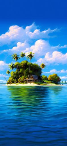 an island in the middle of water with palm trees