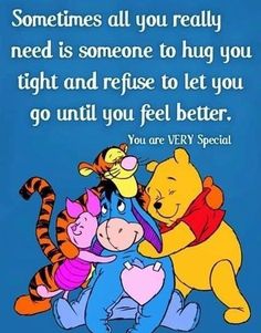 winnie the pooh and tigger hugging each other with a quote on it that says, sometimes all you really need is someone to hug you