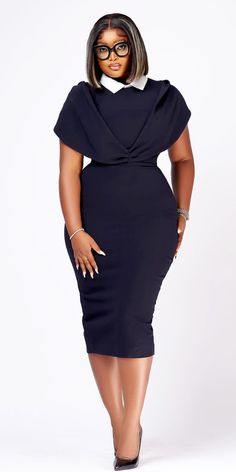 Work Outfit inspo | Bodycon dress with a White collar and drape sleeves Corporate Black Outfit, Formal Work Dresses Office Style, Work Dresses Black Women, Formal Corporate Dresses For Women, Corporate Gowns For Women, Corporate Gowns For Induction, Coperate Wears For Ladies Skirt, Black Dress Corporate, Corporate Office Dress Styles