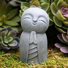 an owl statue sitting in front of some succulents and other plant life