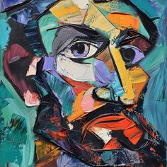 an abstract painting of a man's face with different colors and shapes on it