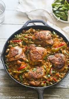 chicken and rice dish in a cast iron skillet