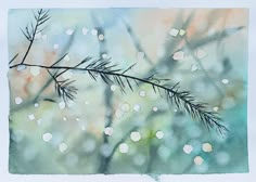 a watercolor painting of a tree branch with white dots on the branches and blurry background