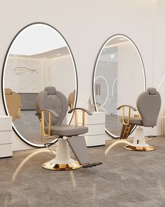 the salon is equipped with modern chairs and mirrors