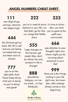 an info sheet with numbers on it and the words angel numbers that mean them to be