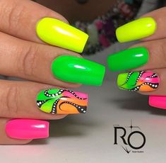 Bright Spring Nails Neon Colors, Bright Nail Ideas Neon, California Nails, Summer Nails Designs, Summer Nails 2023, Bright Nail Art, Abstract Nails, Hippie Nails, Sassy Nails