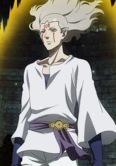 an anime character with white hair standing in front of a brick wall and looking at the camera