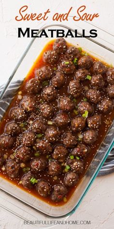 sweet and sour meatballs in a glass casserole dish with text overlay