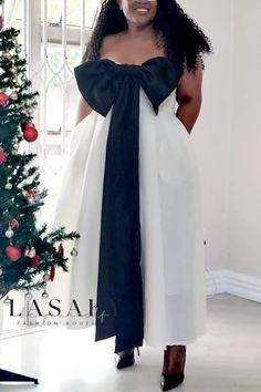 Lasaky - Elegant Everyday Attire: Sophisticated Patchwork Contrast Dresses with Chic Bow Detailing Elegant Black Holiday Dress, Elegant White Maxi Dress For Holiday, Elegant Sleeveless Maxi Dress For Holiday, Dresses With Bow, Patchwork Dresses, Contrast Dress, Patchwork Dress, Casual Look, Olivia Mark