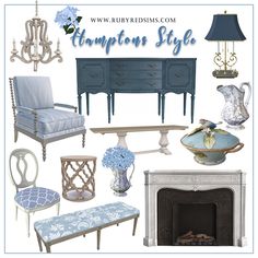 blue and white furniture is featured in this postcard for the home decor showroom