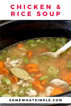 chicken and rice soup in a slow cooker with the title overlay above it