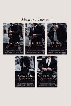 four different book covers with the same man in a suit and tie, one is holding a