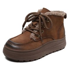 6 Casual Winter Platform Boots With Closed Toe, Winter Platform Ankle Lace-up Boots, Winter Closed Toe Platform Boots, Brown Round Toe Winter Boots, Brown Round Toe Boots For Winter, Winter Suede Platform Lace-up Boots, Brown Closed Toe Winter Boots, Winter Martin Boots With Platform And Round Toe, Winter Lace-up Boots With Platform And Round Toe