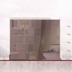 an architectural rendering of a building that is made out of concrete and red lines on the side